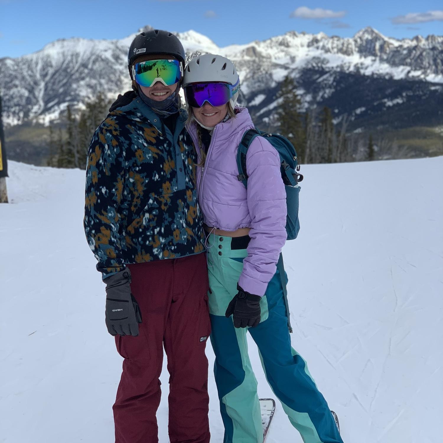 Skiing together in Big Sky, Montana. The snow was not good, but we had a great time!