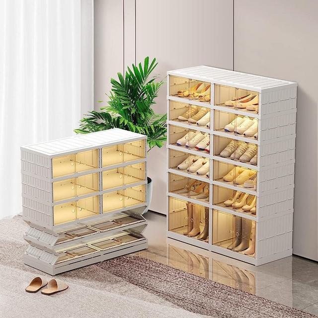 CIMLORD 6-Tier Foldable Shoe Rack Organizer for Closet 12-24Pairs Plastic Collapsible Shoes Storage Box Clear Shoe Boxes Stackable with Door Easy Assembly Shoe Cabinet Bins with Lids Large