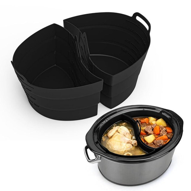 ChefAid Slow Cooker Divider Liners with Handle, 100% Silicone Reusable Slow Cooker Liners Compatible with 6-8 Quart Oval or Round Slow Cooker, Fits 7 Quart Crockpot Liners (Black, 2 Pack)