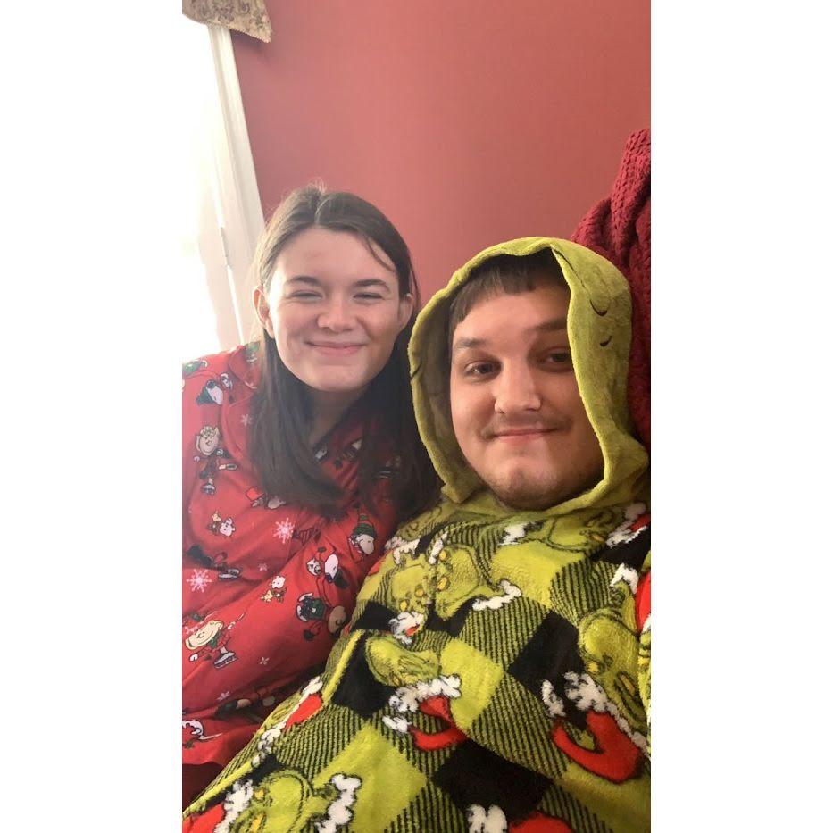 Christmas of 2023 in our Christmas pajamas that were supposed to be matching