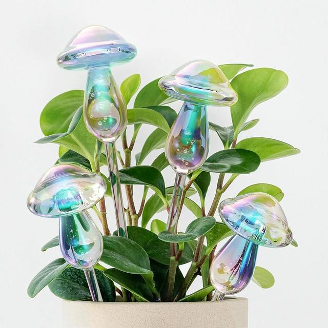 LEDERA Plant Watering Globes, Clear Glass Rainbow Mushroom Self Watering Spikes, Automatic Plant Waterers Insert, Auto-Drippers Glass Ball for Plant Indoor Outdoor, Garden Gift, 4 Pack