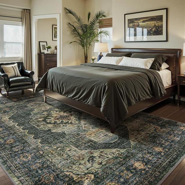 Olive Green Area Rug 6x9 Bedroom Rug Living Room Rugs Washable Soft Vintage Neutral Farmhouse Dining Room Rug Office Carpet Water Repellent Easy Care Non Slip