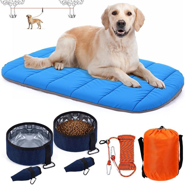 4 Pcs Dog Camping Essentials Set Include 1 Pack 39.4 x 29.5 Inch Foldable Dog Bed 2 Pcs Portable Collapsible Dogs Bowls 1 Pack 50 ft Heavy Duty Pet Tie Out Cable for Camping Travel Outdoor Activities