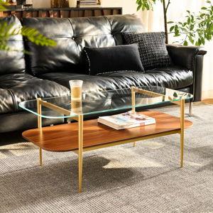 AGV LIGHTING Glass Coffee Table, 2-Layer R-Corner Table for Living Space, L41 x W21 x H17, Gold Frame & Clear Glass & Walnut Finish Wood Top
