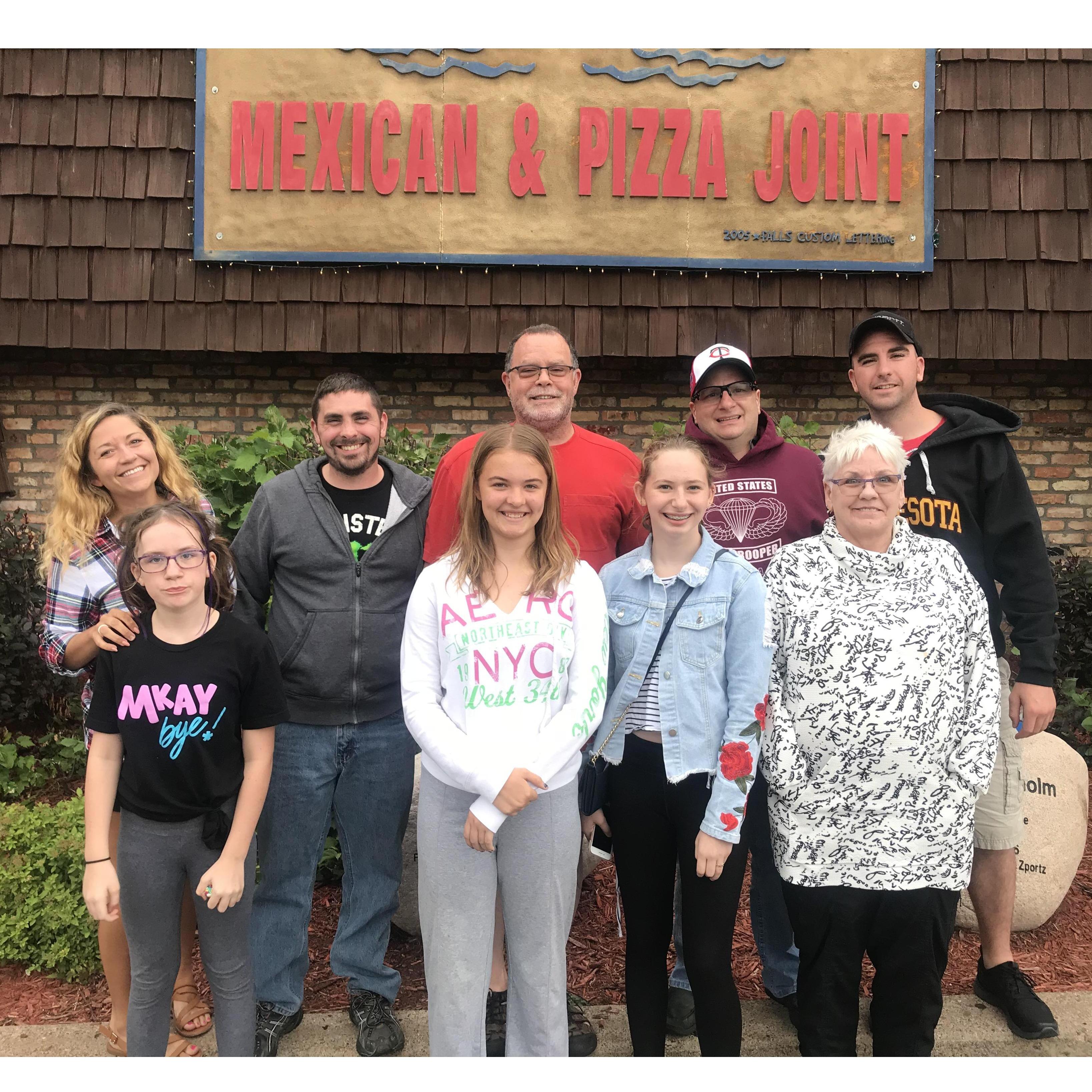 Summer trip to Zorbaz on Gull Lake. Patti, Bill, Brad, Thomas, Jackie, Kamryn and Jenna.