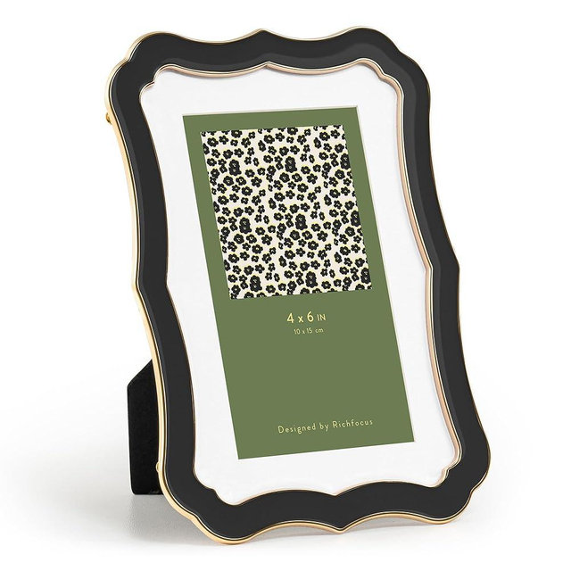 4x6 Enamel Picture Frame with HD-Tempered Glass, Display 3x5 Photo with Mat, Ornate Photo Frame with Gold Metal Edge & Velvet Back for Tabletop & Wall Mount Vertically or Horizontally Display, Black