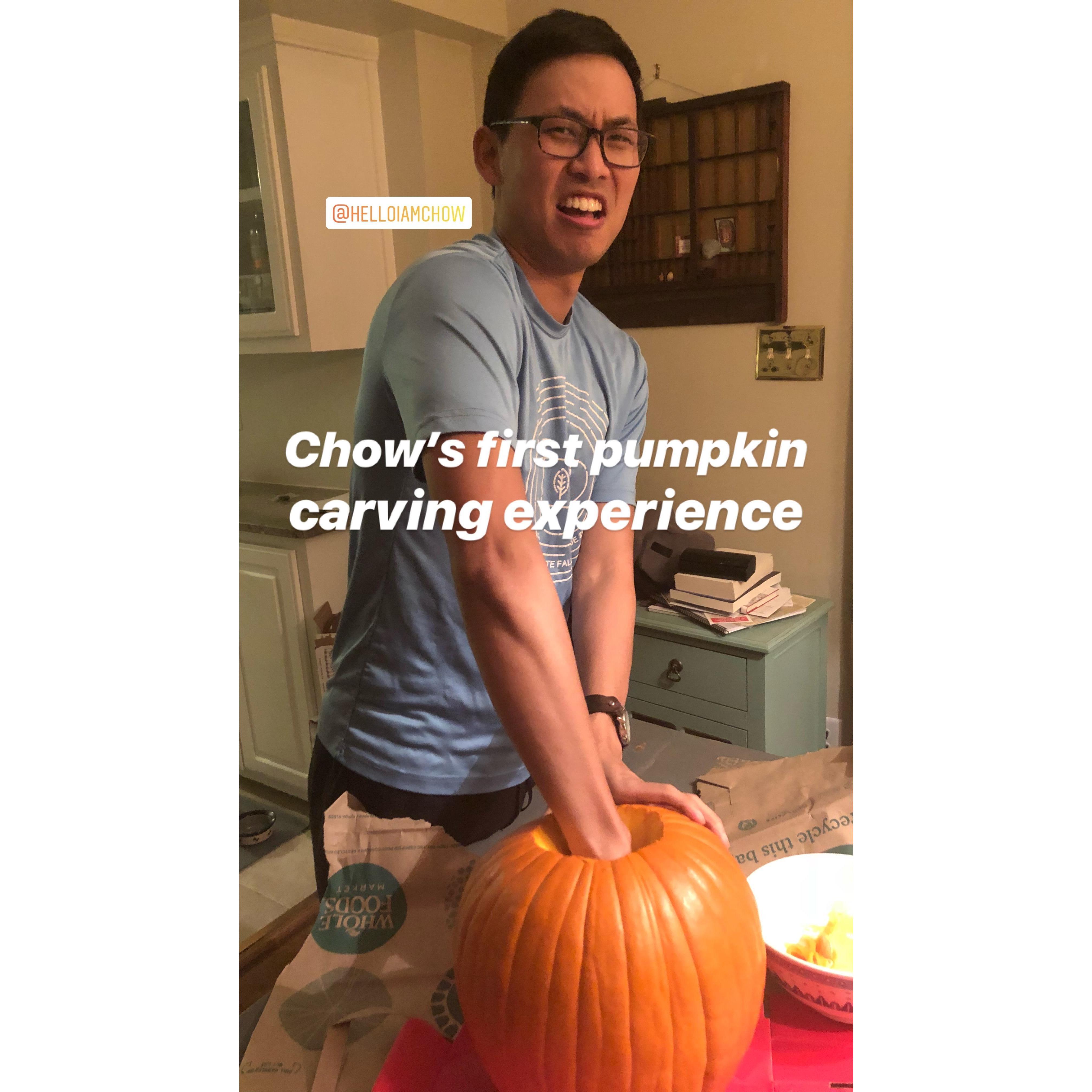 Chow has had many new experiences since meeting Hannah. This is the first time he EVER CARVED a pumpkin! Oct 2018