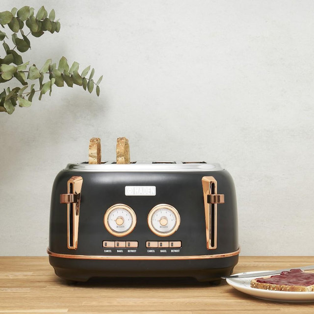 Haden Dorset 4-Slice Wide Slot Stainless-Steel Toaster, Black and Copper
