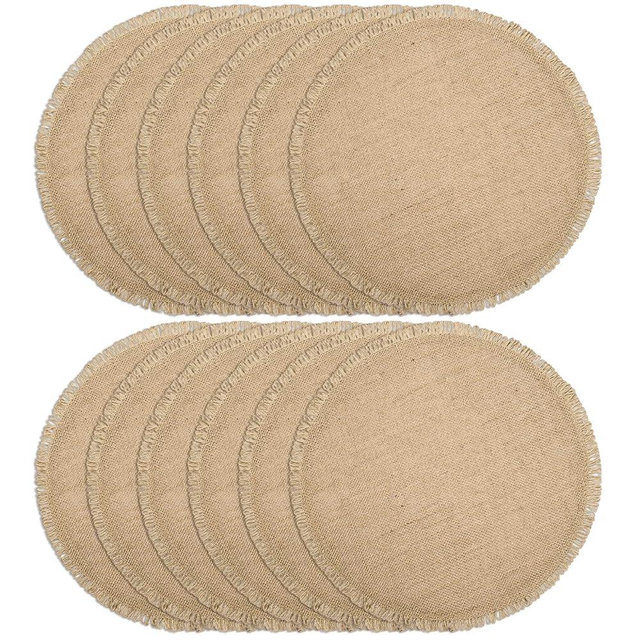 FunWheat Burlap Round Braided Placemats Set of 12 for Dining Tables 15 Inch Heat Resistant Jute Table Mats Farmhouse Woven Fabric Natural Place mats for Fall Decoration (Twine Circle)