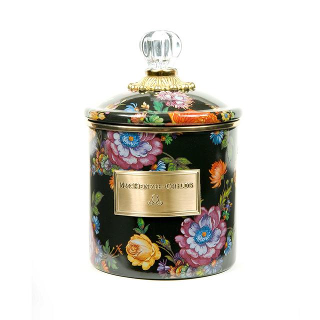 MacKenzie-Childs Flower Market Canister, Sugar, Coffee or Flour Container with Lid, Floral Kitchen Canister, Black, Small