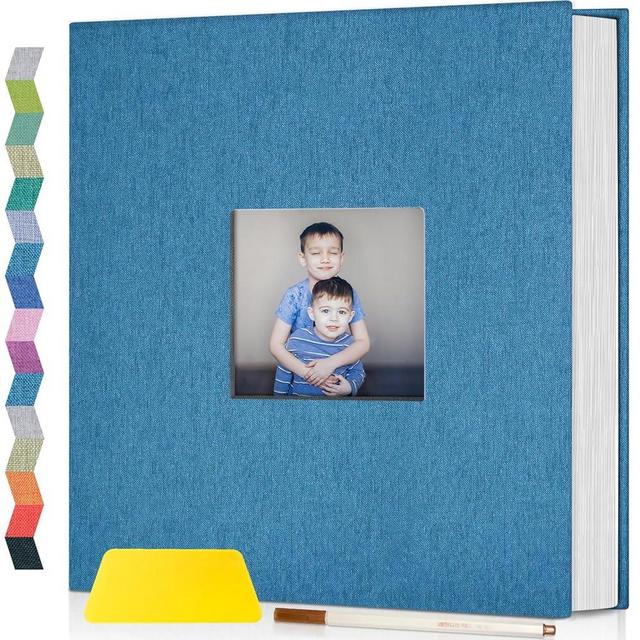 Popotop Photo Album Self Adhesive with Picture Display Window,60 Pages DIY Scrapbooking Supplies Kit for 4x6 10x12 Picture,Linen Cover Memory Book for Baby Wedding, with Scraper and Metallic Pen