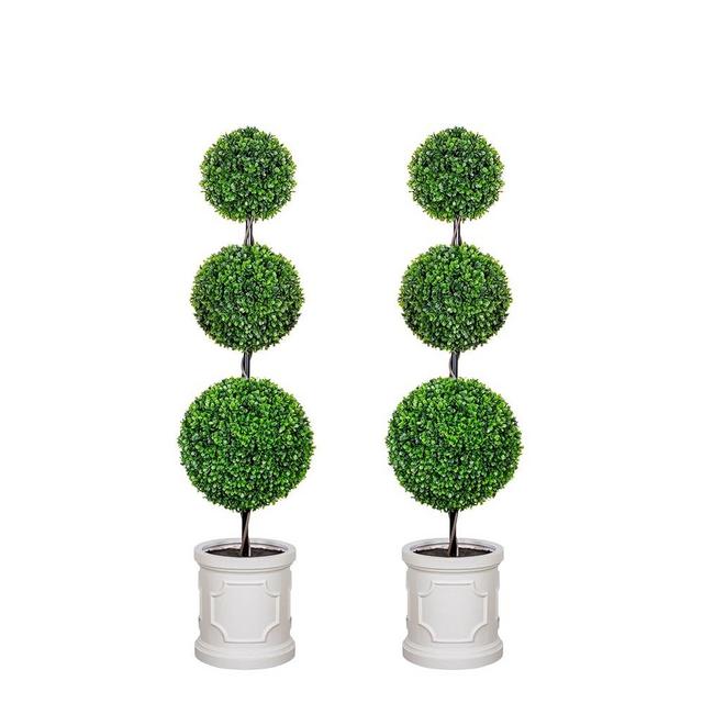 VIVATREES 3FT Artificial Triple Ball Topiary Trees with Roman Style Vintage White Planter Pot, Outdoor Indoor Realistic Faux Shrubs Plants, Fake Trees for Home Offices Porch Decor, Set of 2