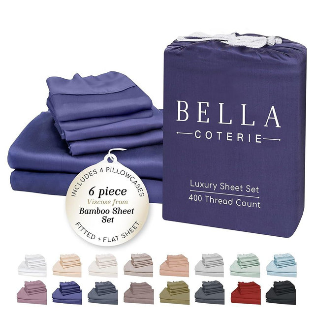 BELLA COTERIE 6 Piece Luxury Bamboo Viscose California King Size Sheet Set | 100% Organically Grown | Cooling for Hot Sleepers | 18" Deep Pocket | Soft & Hypoallergenic | 4 Pillowcases [Twilight Blue]