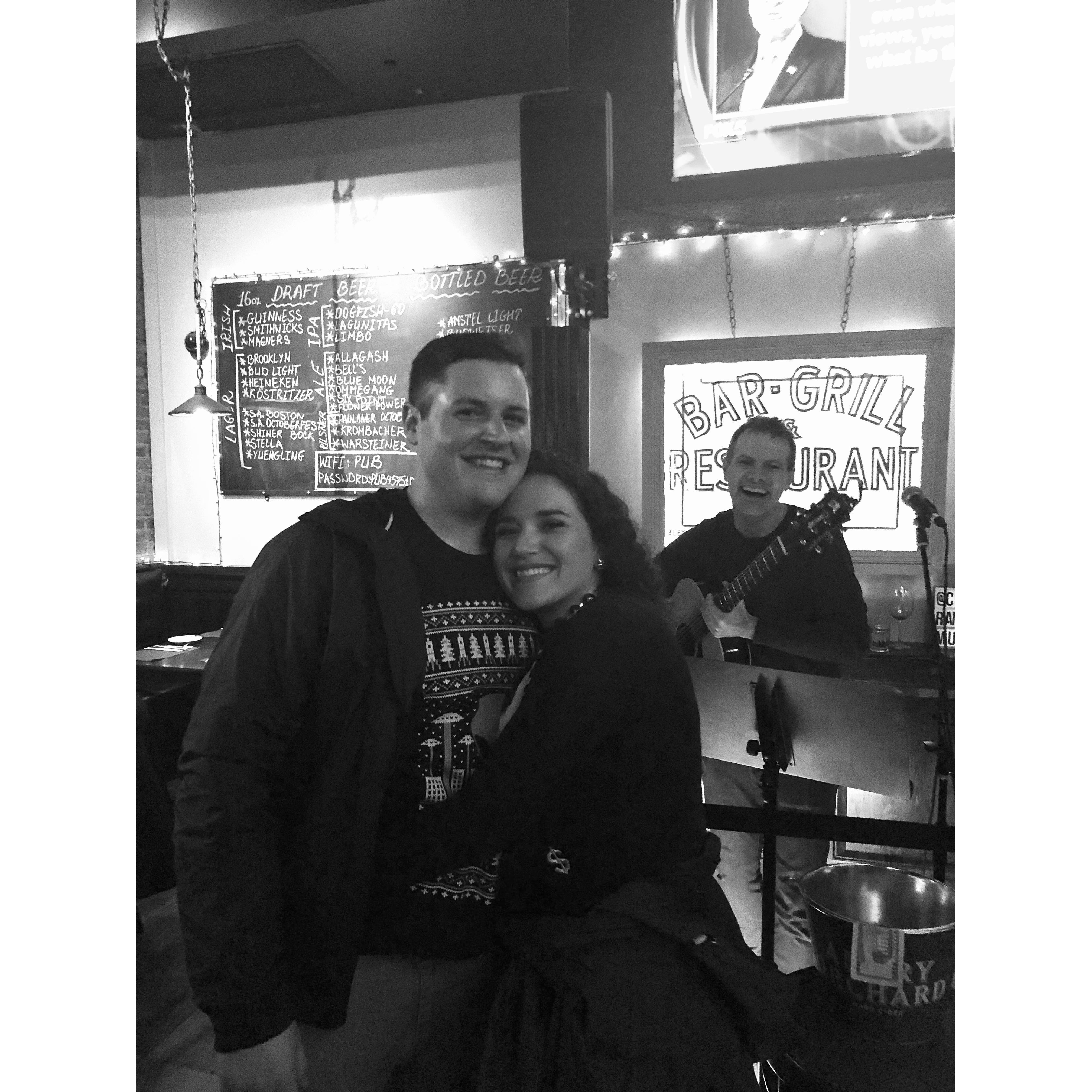 Lisa and Nick in front of the same band who orchestrated their first dance & kiss, 1 year later, at 12 Pubs Crawl in NYC.