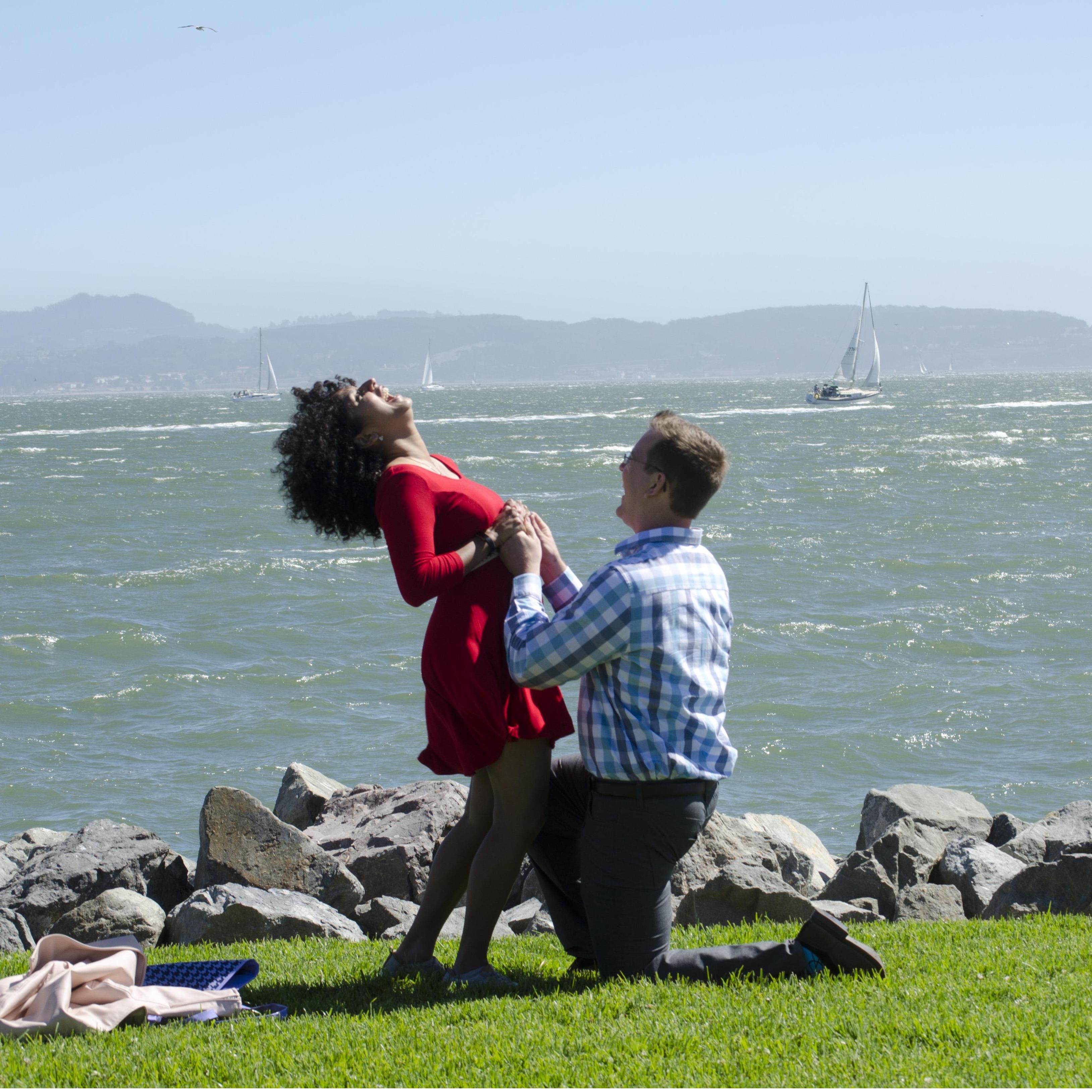 Tiburon, CA, Aug 2018. This was the moment they realized that Scott had put the ring on the wrong hand! Scott's best man, Joe, captured our engagement perfectly!