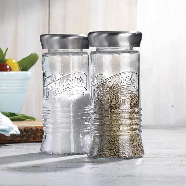 MosJos Mason Jar Salt and Pepper Shaker - Rustic Glass Condiment Dispenser Set with Metal Iron Caps. 5 Ounce Capacity Vintage Mason Jars.