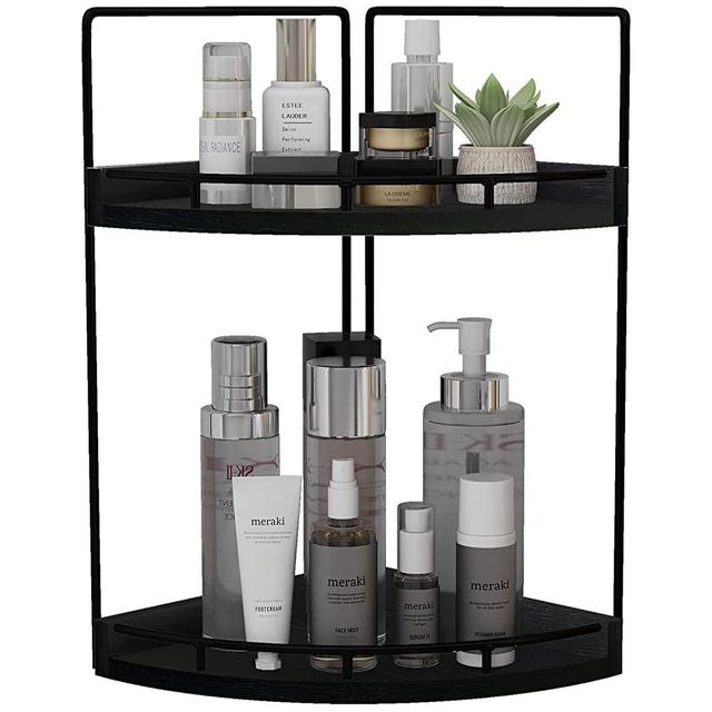 Dorhors 2-Tier Corner Bathroom Counter Organizer,Bathroom Counter Tray and Vanity Organizer,Makeup and Cosmetic Storage Organizer,Wood Countertop Organizer for Kitchen,Bathroom,Dresser,Black