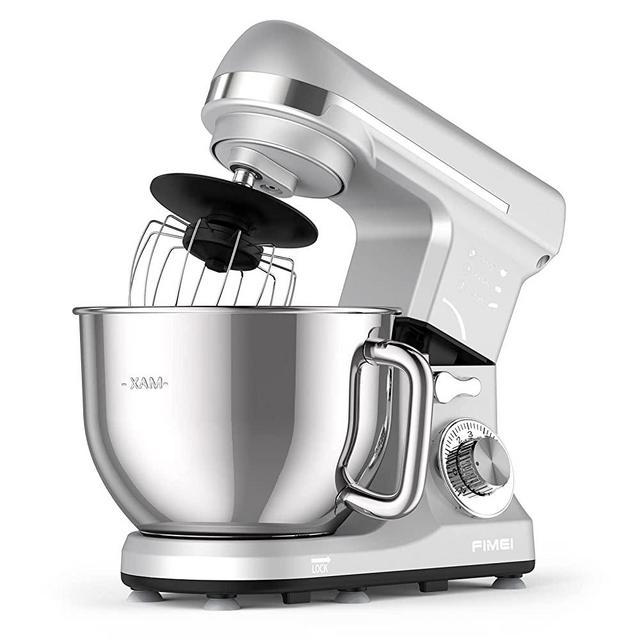 FIMEI Stand Mixer, 5.5 Qt Food Mixer, 6-Speed Tilt-Head Kitchen Mixer with Stainless Steel Bowl (Dough Hook and Beater with Ceramic Glaze, Whisk), Lower Noise, Anti-Slip (Silver)