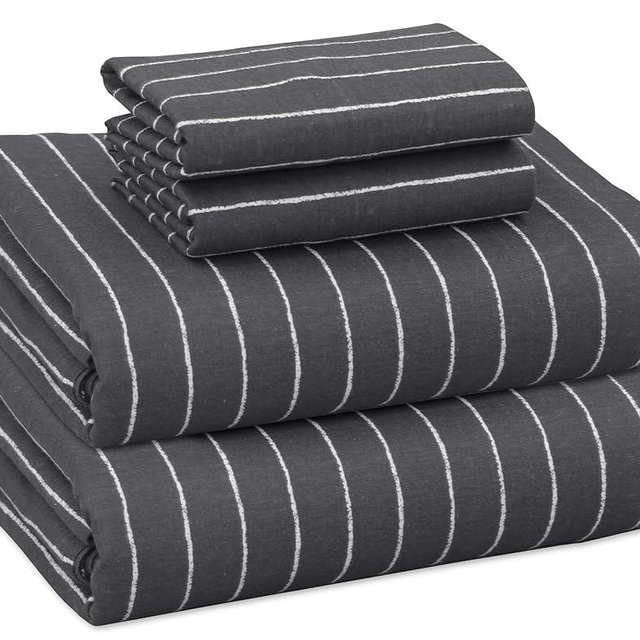 RUVANTI Flannel Sheets King Size - 100% Cotton Brushed King Size Sheets Set - Deep Pockets 16 Inches Bed Sheets - All Seasons Breathable & Extra Soft - Warm & Cozy, 4 Piece, Pinn Stripe