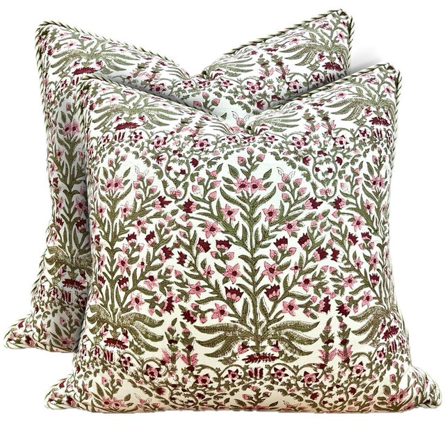 ATOSII Block Print Throw Pillow Covers, 20" X 20" - Set of 2, Decorative Couch Pillows for Living Room Bed Sofa, 100% Cotton Canvas Pillow Case for Home Decor & Outdoors, Preppy Throws - Nargis Pink