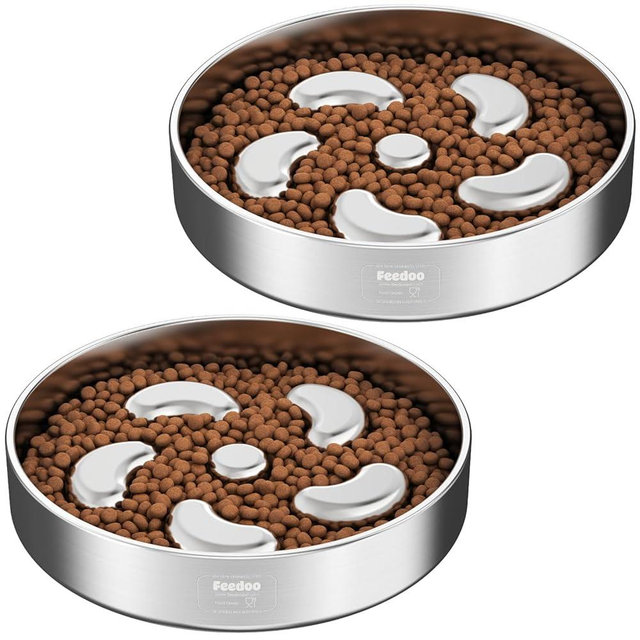 Feedoo Slow Feeder Dog Bowl-2Cups for Medium Breeds, Double-Layer Stainless Steel, Heavy-Duty with Non-Slip Rubber Base, Puzzle Maze Bowl to Slow Down Eating [2Pack]