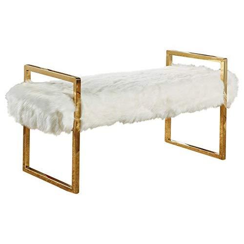 Meridian Furniture Chloe Collection Modern | Contemporary Faux Fur Bench with Stainless Steel Base in Rich Gold Finish, 43" L x 17.5" D x 21" H, White