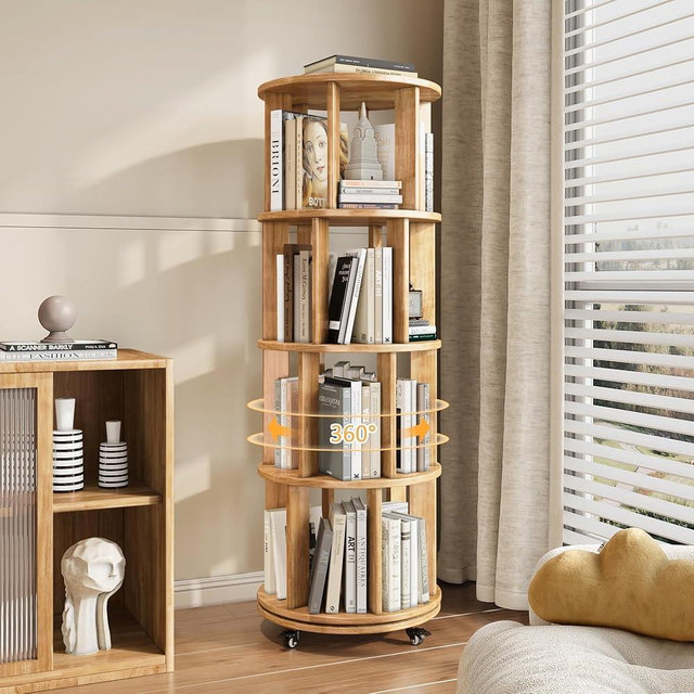 IUNVR 4-Tier Rotating Bookshelf, 360° Spinning Stackable Bookcase, Freestanding Bookshelf for Home Office Study Room Bedroom Living Room