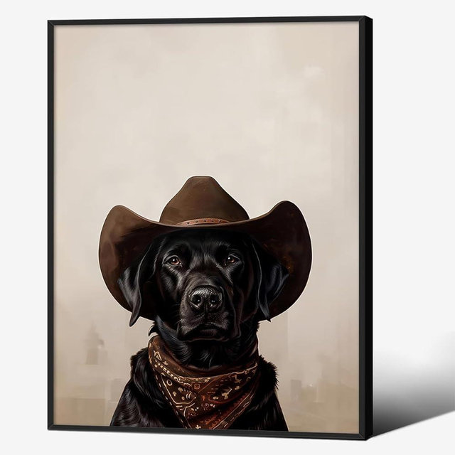 Black Labrador Dog Cowgirl Hat Poster Southwestern Vintage Wall Art 12X16 inch Black Framed Cute Animal Dog Canvas Pictures for Living Room Bedroom Wall Decor
