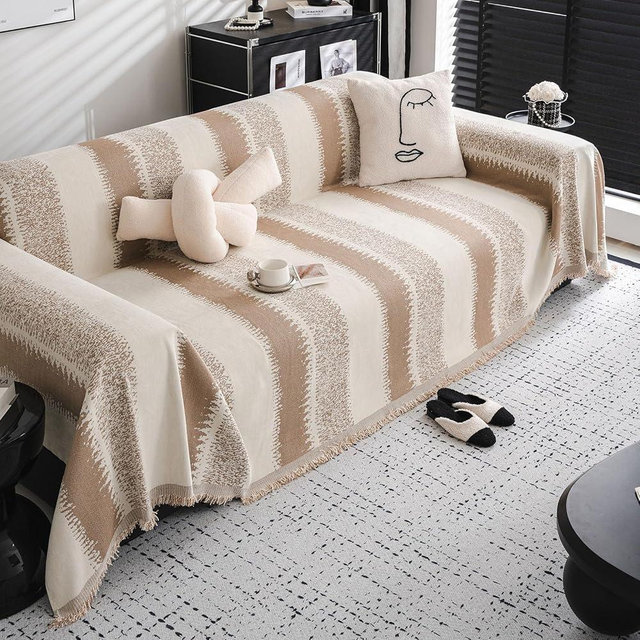 DREAMINGO Sofa Couch Cover Beige Coffee Camel Chenille Sofa Covers Washable Dog Couch Cover Reversible Chic Sofa Cover Throw Striped Soft Slip Covers for Sectional 3 Cushion Couch Sofa, 71"x134"