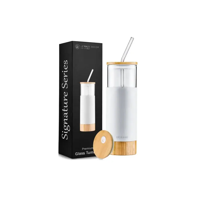 Le'raze 20oz Glass Water Bottle Tumbler Cup with Glass Straw, Bamboo Lid & Base + Protective Silicone Sleeve - BPA Free - White