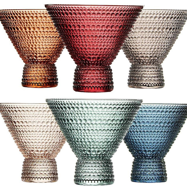 Khen Beaded Stemless Martini Drinking Glasses Set | Set of 6 | Vintage Hobnail 8 OZ Muted Bubble Design Whiskey Glassware, Old-Fashioned, Embossed Design Glass for Water, Wine, Cocktail Glassware