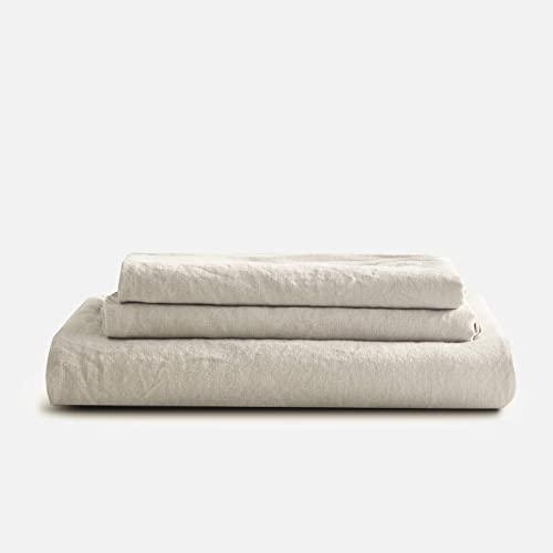 Sijo Premium Stone Washed 100% French Linen Bed Sheet Set, Small Batch Sourced from Normandy, Breathable and Durable, 3pc Set - 2 Pillowcases, 1 Fitted (Fog, King - Minimal 3 Piece)