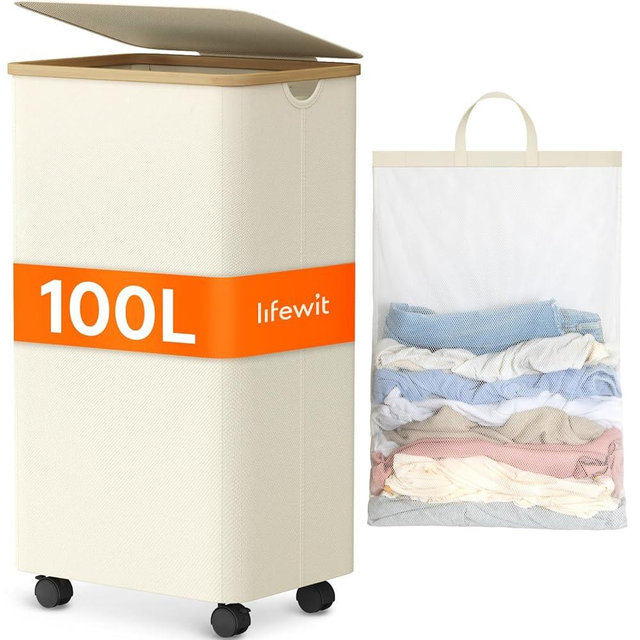Lifewit 100L Laundry Basket with Wheels, Large Rolling Laundry Hamper with lid, Collapsible Bamboo Dirty Clothes Hamper with Handles & Removable Bag for Bathroom Bedroom Dorm, White