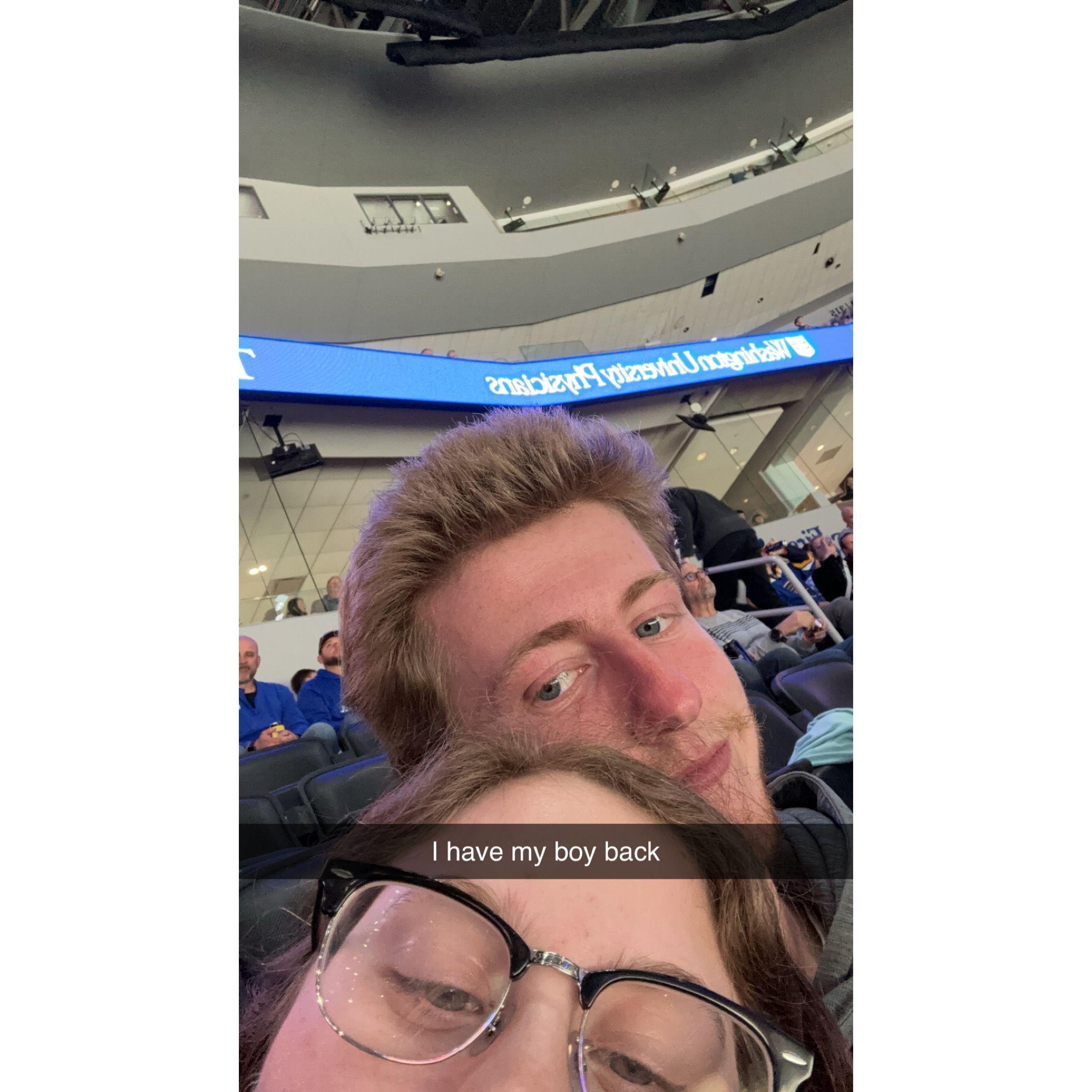 A date night at the Enterprise Center watching a Blues game. This was during the time we were long distance.