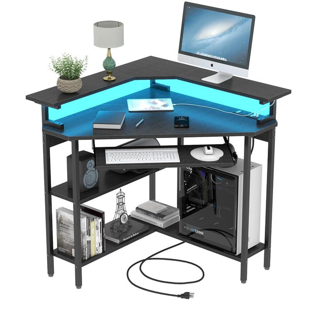 Auromie Corner Desk with Charging Station & LED Light, Triangle Corner Desk with Monitor Stand & Keyboard Tray for Small Space, Gaming Computer Desk with Storage Shelves for Home Office (Black)