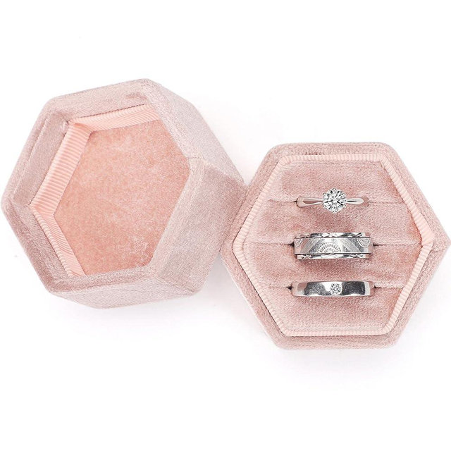 WantGor Velvet Jewelry Ring Box, 3 Slots Hexagon Ring Gift Box Vintage Ring Display Holder Case for Wedding Ceremony Proposal Engagement (Blush Peach, 3 Slots)