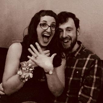 We're engaged!! Showing off the ring (and the corsage from Scoot's mom) at our surprise engagement party