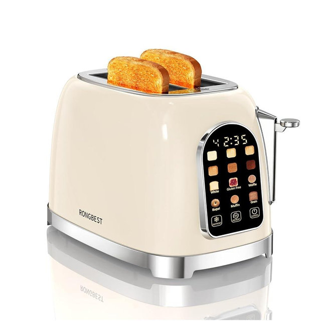 RONGBEST Retro 2 Slice Touch Screen Toaster Stainless Steel Wide Slot with Reheat & Defrost, 6 Browning Levels Bagel & Bread, Easy Removable Crumb Tray, Cream Color