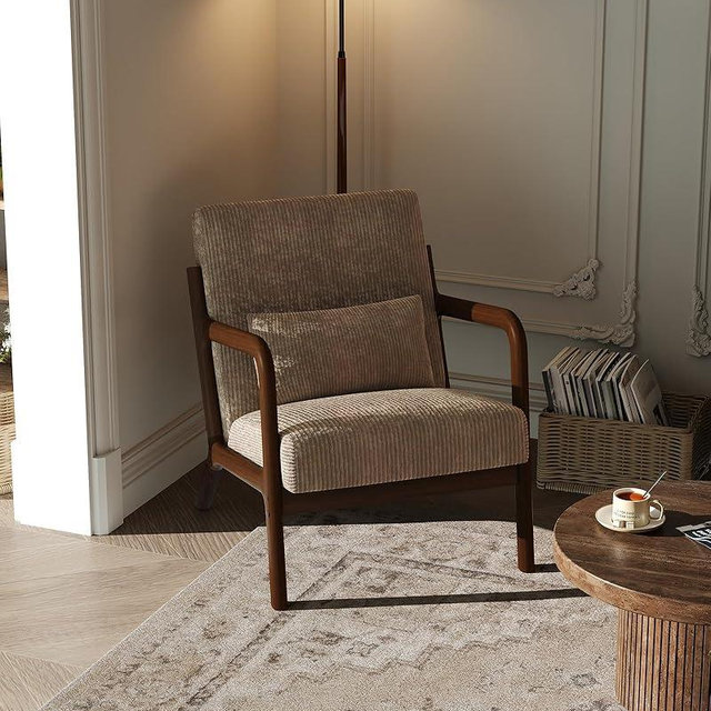 Garvee Mid-Century Modern Accent Chair, Wide-Wale Corduroy Upholstery, Solid Wood Armchair with Removable Lumbar Pillow, Sturdy Reading Chair for Living Room, Bedroom, Guest Room, Easy Assembly, Brown