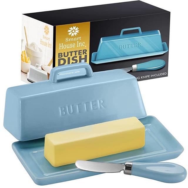 Ceramic Butter Dish Set with Lid and Knife -Turquoise- Decorative Butter Stick Holder with Handle for 1 Stick of Butter - Microwave Safe, Dishwasher Safe - Anti-Scratch Stickers Included.