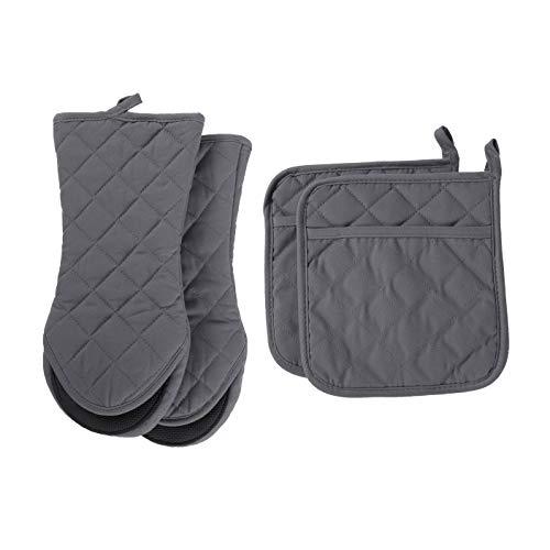 ARCLIBER Oven Mitts and Potholders,4PCS Heat Resistant Kitchen Gloves,Cotton Lining Neoprene Non-Slip Rubber Surface 2 Oven Mitts,2 Pot Holders for Cooking,Baking,Grilling,Barbecue,Grey