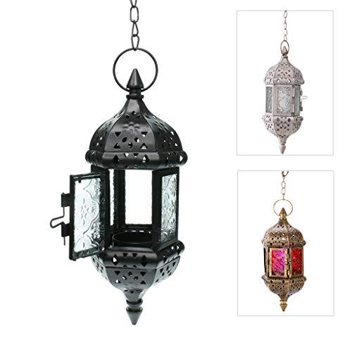 GKanMore Hanging Candle Lantern Retro Moroccan Candle Holder Hollow Metal Glass Candle Holder Lantern with 15.7" Hanging Chain for Home Patio Christmas Decorations (Black)