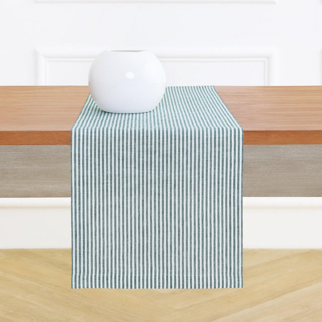 Solino Home Striped Linen Table Runner Rainforest and White 14 x 144 Inches - Narrow Stripe for Dining Table, Holiday and Everyday Table Decor