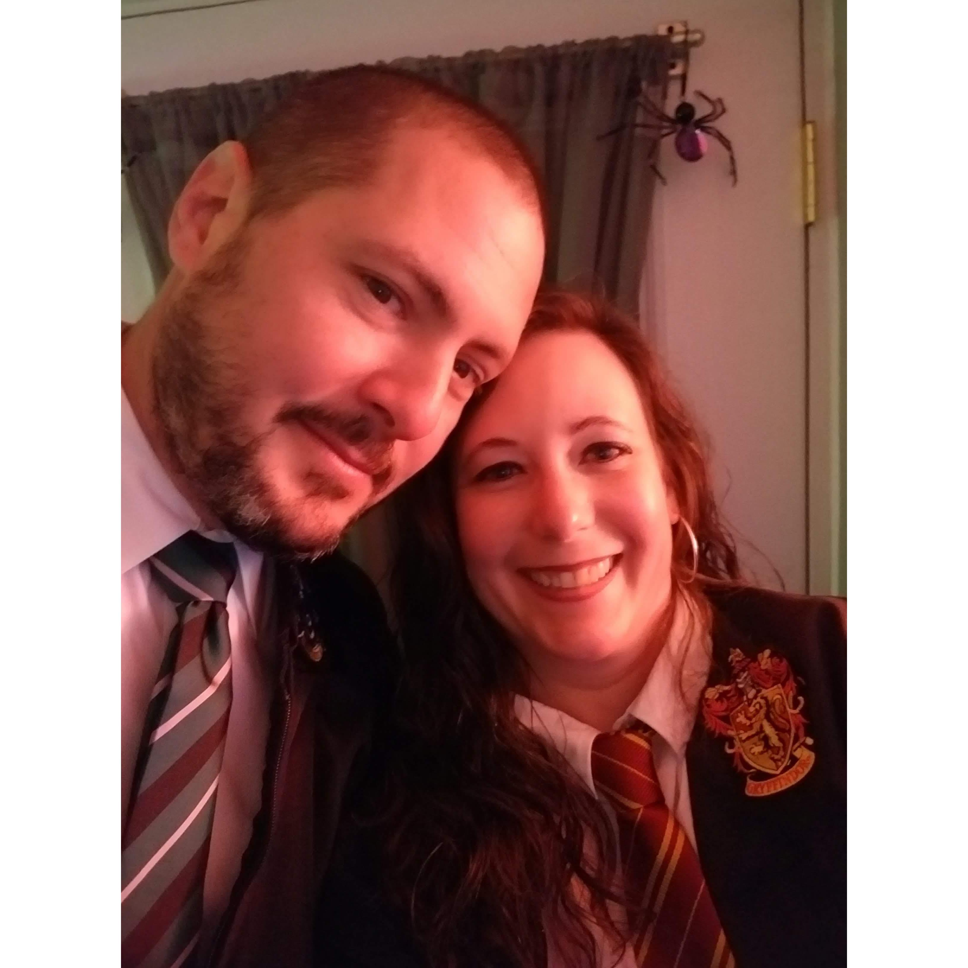 Halloween 2019 - Harry Potter inspired costumes. Aaron's MBTI says he's a Slytherin (INTJ). I'm a Gryffindor (INFJ).