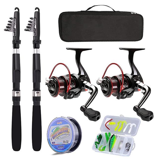 Fishing Pole Combo Set,2.1m/6.89ft 2PCS Collapsible Rods 2PCS Spinning Reels Lures Set Carrier Bag Carbon Fiber Telescopic Fishing Rods Sea Saltwater Freshwater Kit Fishing Rod Reel Combos