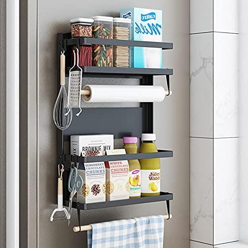 Magnetic Spice Rack, Magnetic Shelf with 2 Paper Towel Holder, Kitchen Refrigerator Storage Rack Fridge Magnet Organizer Hold up to 30LBS-Black-Large