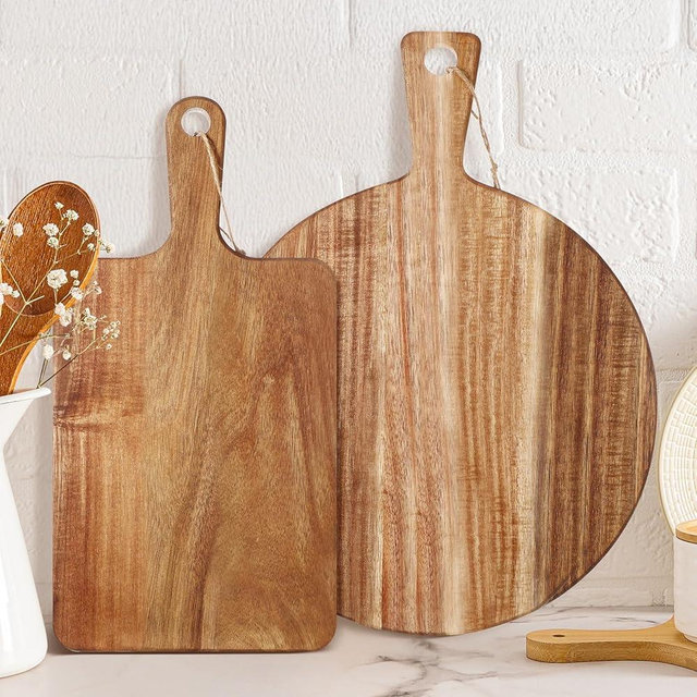 Hsei 2 Pcs Acacia Wood Cutting Board with Handle Wooden Charcuterie Board Large Paddle Carving Chopping Set Butter Serving Tray for Cheese Meat Fruit Pizza Bread Baking