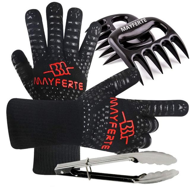 MAYFERTE BBQ Cooking Gloves Heat Resistant Glove Meat Claws & Stainless Steel Cooking Tongs