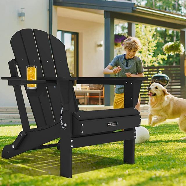 MUCHENGHY Folding Adirondack Chairs, Patio Chairs, Fire Pit Chairs, Outdoor Chairs, Plastic Adirondack Chairs, Lawn Chairs Weather Resistant with Cup Holder for Deck, Backyard, Garden(Black)