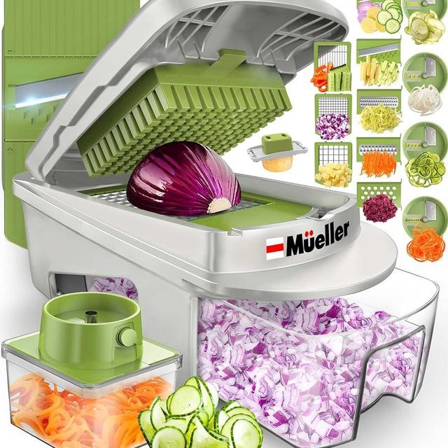 Mueller Pro-Series All-in-One, 12 Blade Mandoline Slicer for Kitchen, Food Chopper, Vegetable Slicer and Spiralizer, Cutter, Dicer, Grater, Kitchen Gadgets Sets with Container, White Sand/Pastel Green